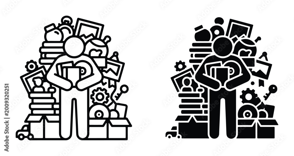 Naklejka premium Hoarding disorder icon set, person with pile of clutter vector, compulsive hoarding concept art