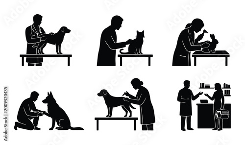Bild auf Leinwand Veterinary clinic silhouette icons, professional veterinarian examining pets, se