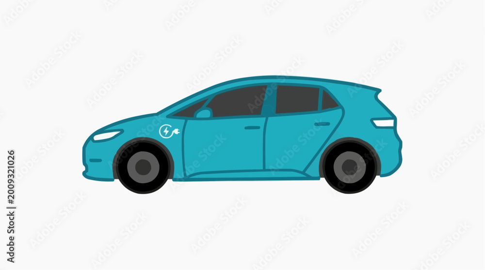 Naklejka premium A sleek electric car, rendered in a modern flat illustration, symbolizes innovation, eco-friendliness, and sustainable transport solutions.