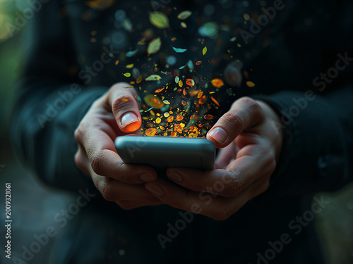 Person holding smartphone with autumn leaves flying from screen