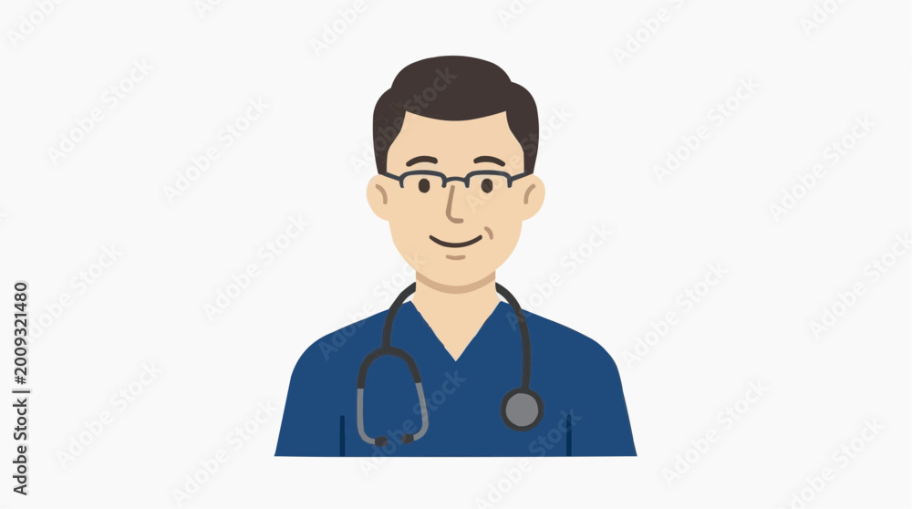 Fototapeta premium A professional, smiling doctor stands ready to provide medical care, featuring a stethoscope around their neck. The illustration style is crisp, clean, and modern.