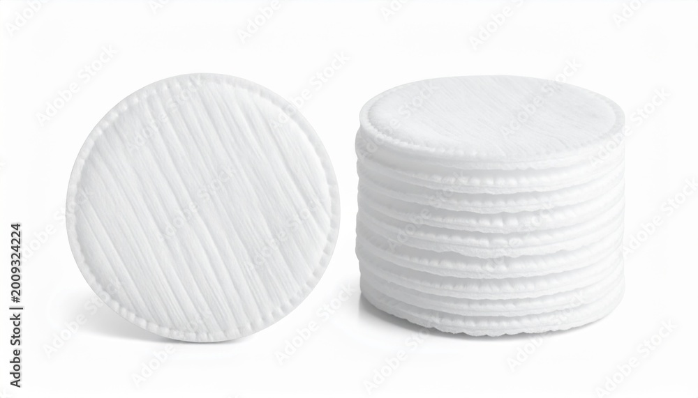 Obraz premium Two Piles Of White Round Cotton Pads For Cosmetic Use On A White Background