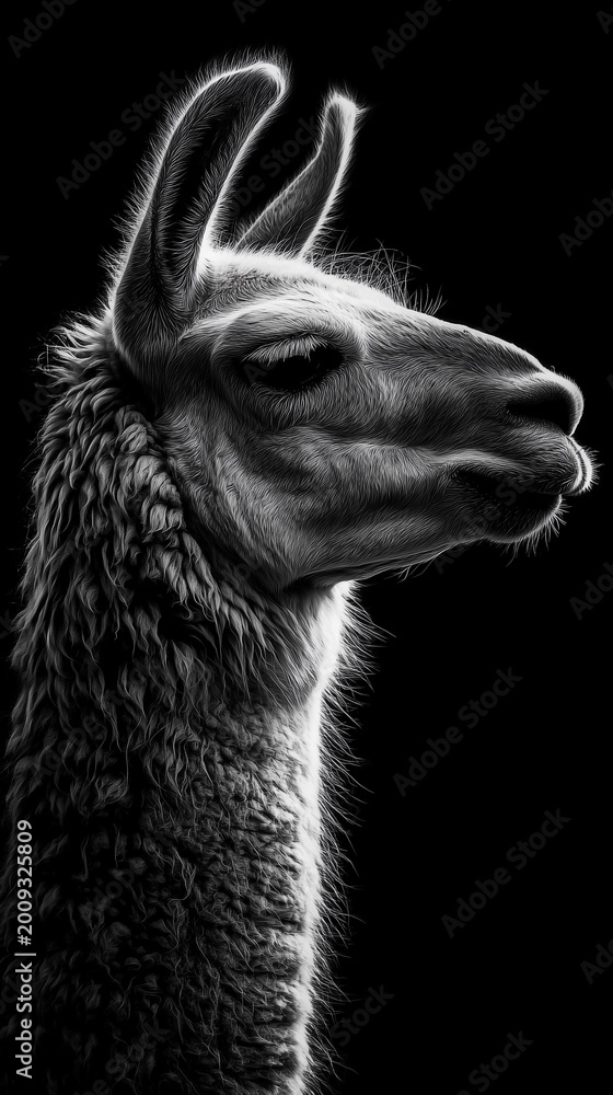 Fototapeta premium Black and white portrait of a curious llama