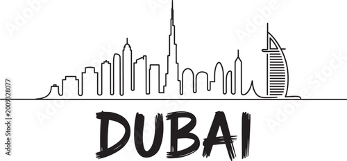 Schilderij op canvas Dubai skyline minimalist line art with iconic buildings and text for travel in o