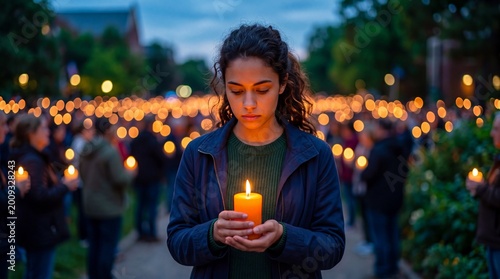 Young woman holding lit candle with thoughtful expression. Outdoor evening vigil with crowd carrying candles in park. Remembrance gathering for international missing children day awareness and hope