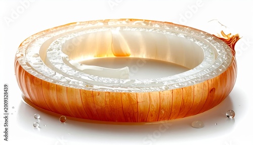Single Slice Of Yellow Onion With Water Droplets On White Background
