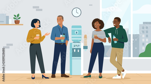 Four diverse colleagues chatting by office water cooler