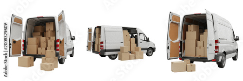 Foto White Delivery Van Truck Unloading Cardboard Boxes for Logistics Shipping Moving