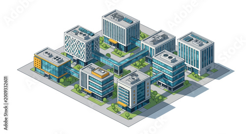 Modern office buildings in a complex.