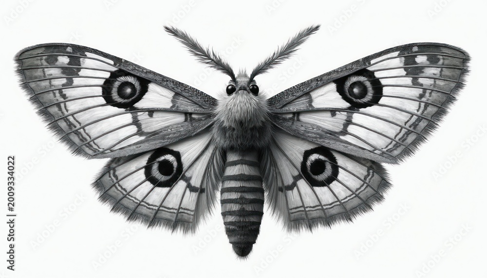 Obraz premium Detailed drawing of a moth with large eye spots on wings. Insect has fuzzy body and antennae. Isolated on white background. Great for nature education.