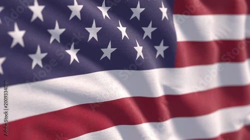 Seamless loop animation of the USA flag waving in the wind. Macro close-up view with sharp focus in the center. Ultra realistic fabric texture with detailed cloth movement. High quality 4K resolution.