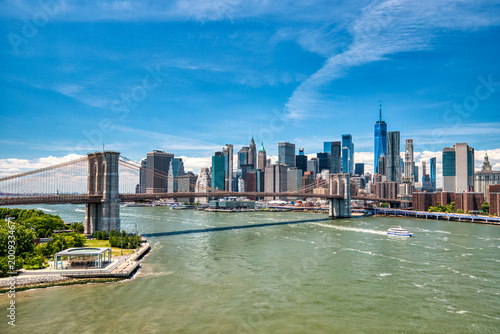 Aerial view of New York City Downtown Skyline with Brooklyn Bridge