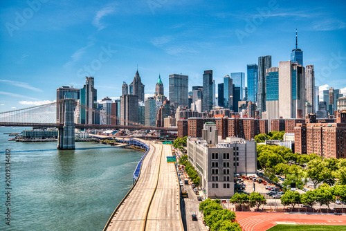 Aerial view of New York City Downtown Skyline with Brooklyn Bridge