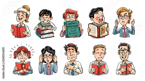 Quadro em tela Captivating Expressions in Literature: A collage of individuals engrossed in reading, their faces reflecting a spectrum of emotions prompted by the narratives they encounter