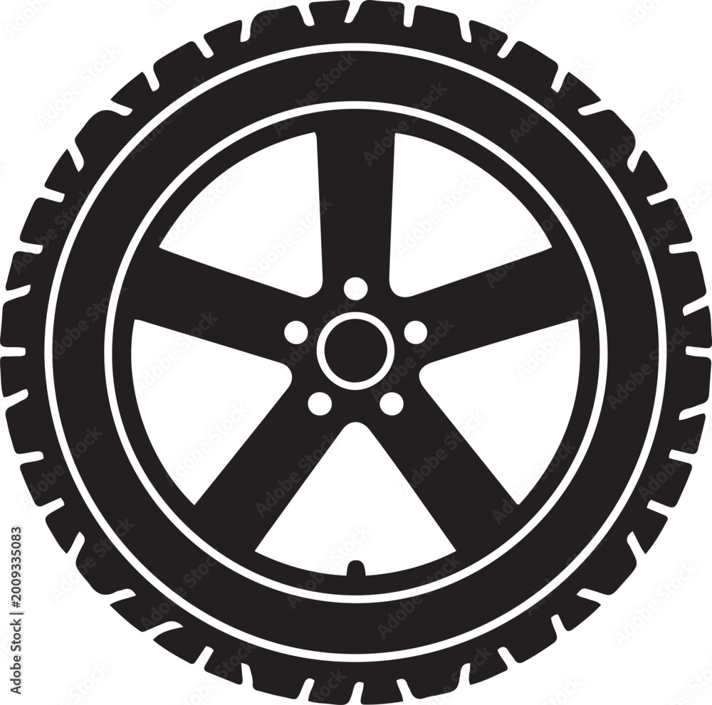 Obraz premium Black and White Car Tire with Five Spoke Rim. silhouette vector illustration