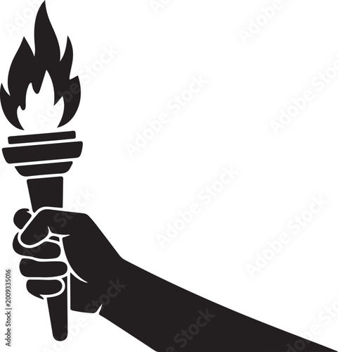 Bild auf Leinwand A black silhouette of a hand holding a flaming torch aloft