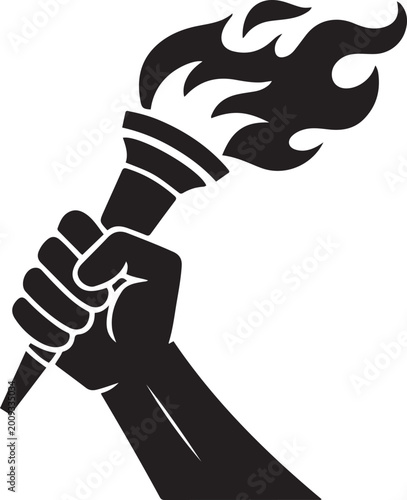 Tableau sur toile A black silhouette of a hand holding a flaming torch aloft