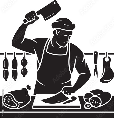 Εκτύπωση καμβά Butcher at work a black and white illustration of meat preparation