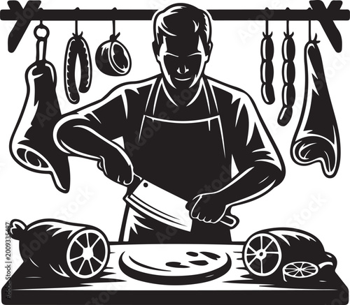 Foto Butcher at work a black and white illustration of meat preparation