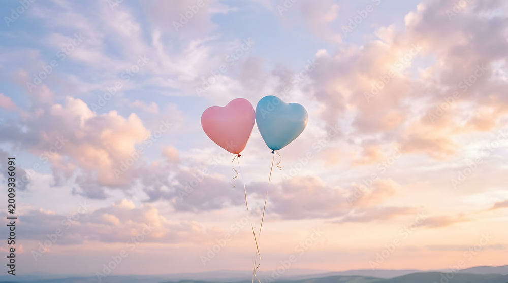 Fototapeta premium Soft pastel balloons shaped like hearts floating in the sky representing love and happiness. 