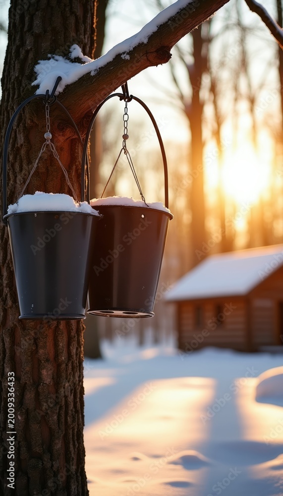 Fototapeta premium Maple buckets hang on tree trunks in a snowy forest during golden hour. A rustic cabin sits in the background, suggesting a traditional syrup-making process.