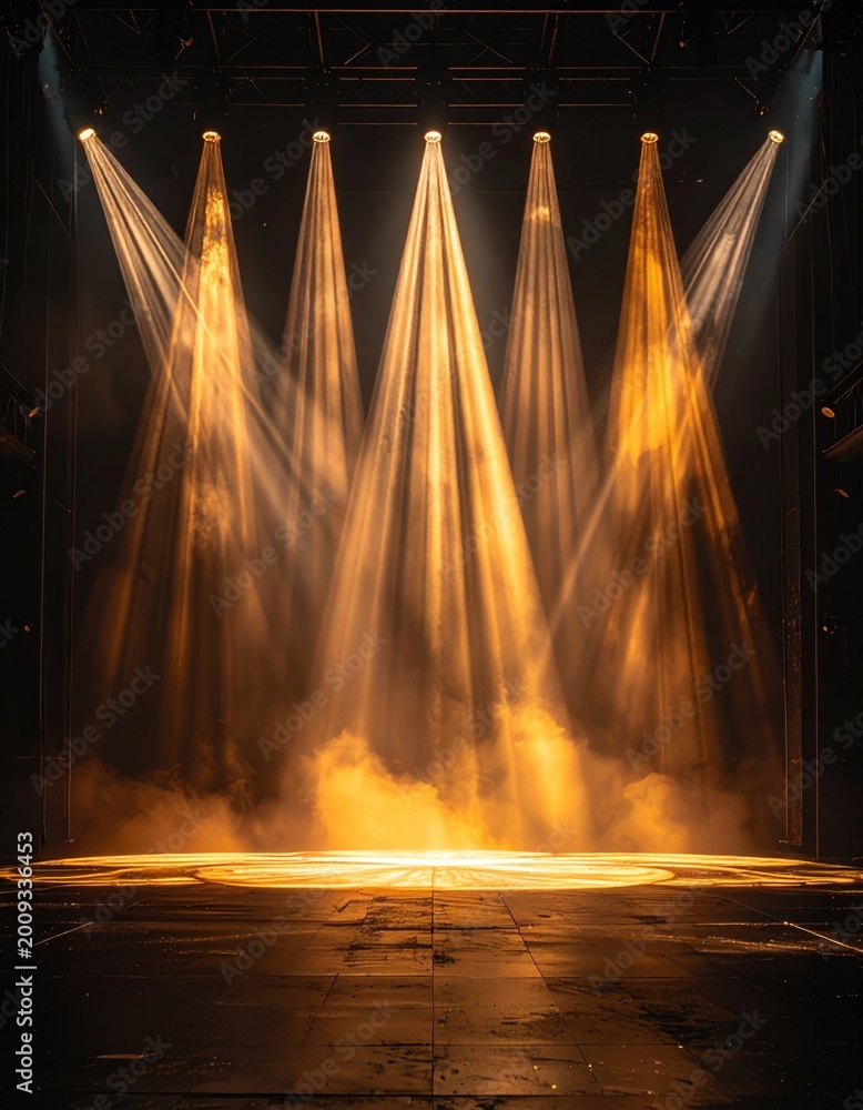 Fototapeta premium Stage Lighting Show with Golden Beams and Smoke on Dark Floor