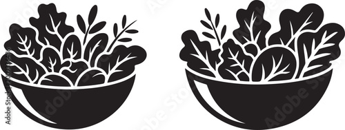 Valokuva Two black and white illustrations of bowls filled with leafy greens