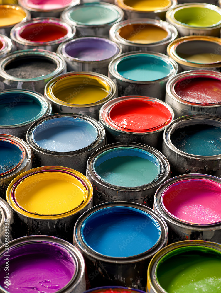 Fototapeta premium Vibrant high angle close up of multiple open paint cans filled with various bright colors like yellow, blue, and pink. Ideal for creative art, home renovation, and design concepts