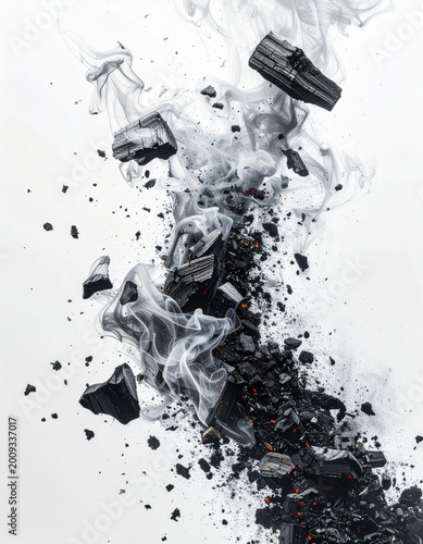 Abstract explosion of dark charcoal particles with smoke and glowing embers against a white background