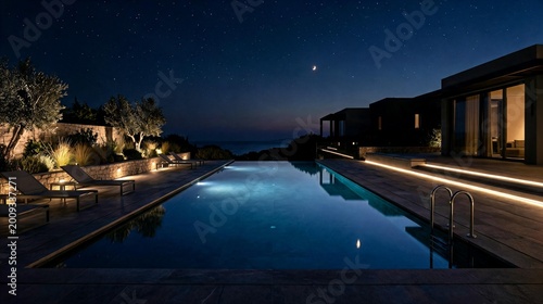 Luxury Infinity Pool at Night with Starry Sky and Ocean View