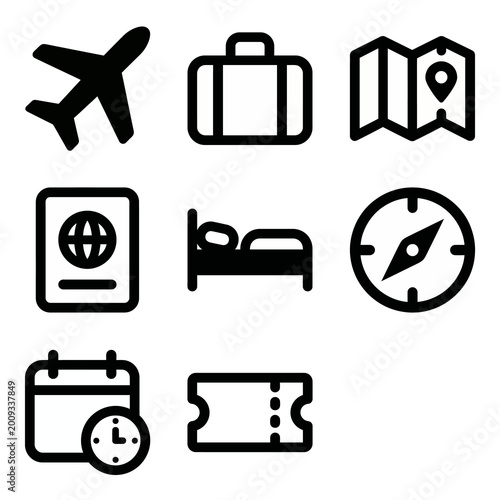 Foto Vector icon set for travel booking apps, tourism websites, and vacation planning interfaces
