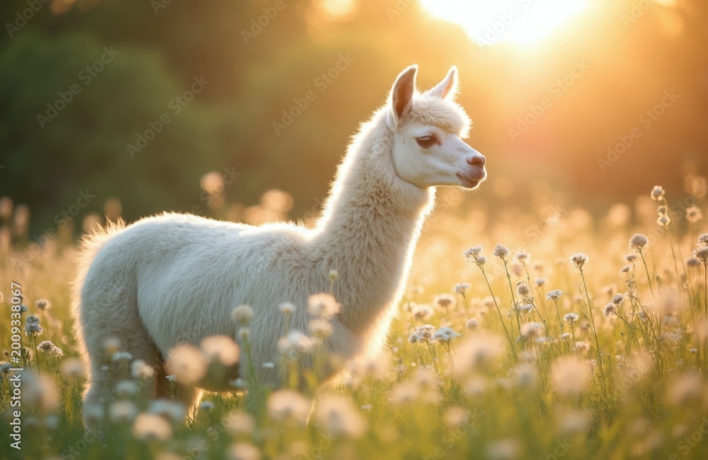 Naklejka premium White llama stands in field of wildflowers during golden hour sunset. Soft light illuminates fluffy animal against blurred green background. Peaceful nature scene, serene pastoral setting.