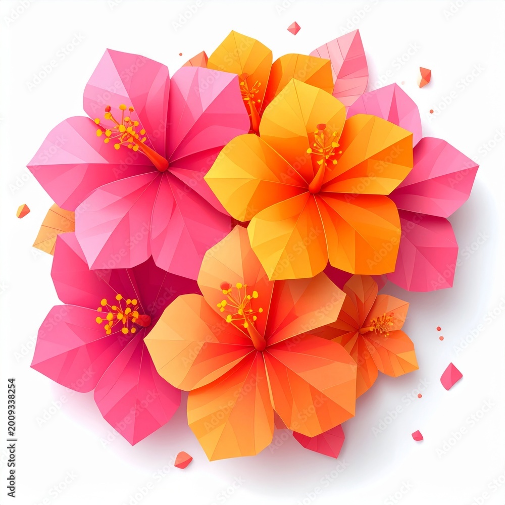 Obraz premium Vibrant Pink and Orange Hibiscus Flowers Origami Style Isolated on White