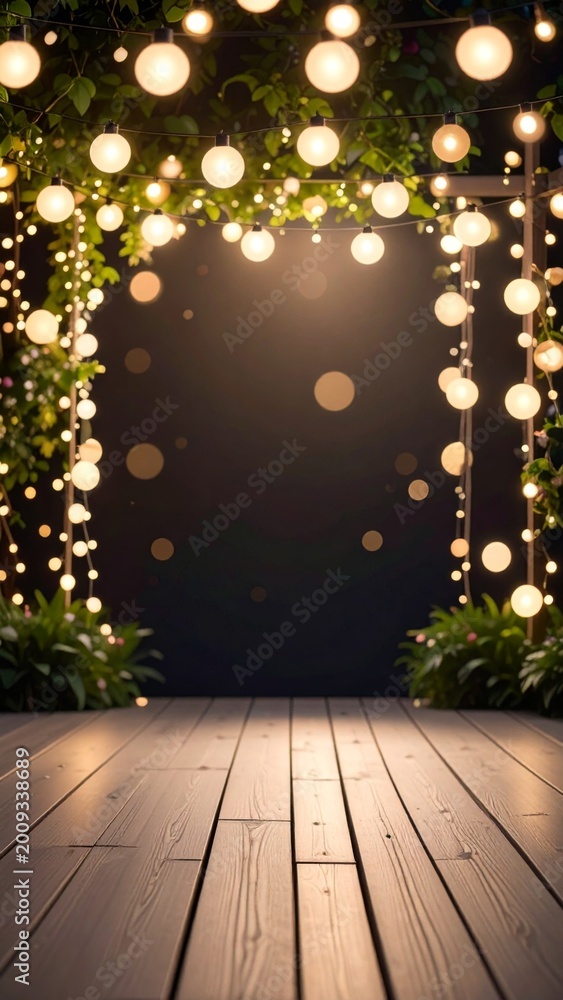 Obraz premium Warm String Lights Archway With Greenery Over Wooden Floor Outdoor Evening Ambiance