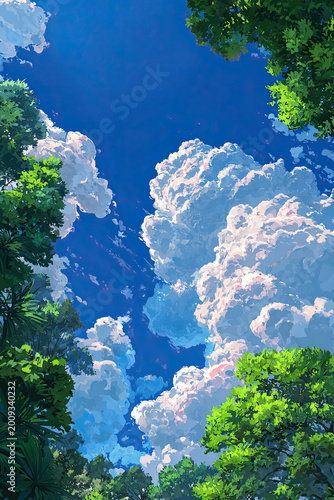 Dramatic anime landscape through lush jungle canopy with expansive sky and clouds