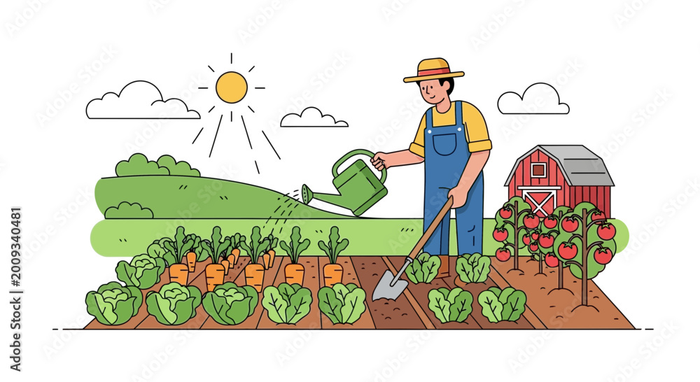 Fototapeta premium Man watering plants in garden bed 1.
