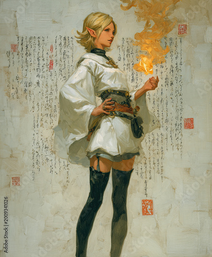 Classical oil painting style illustration of a blonde elf mage holding a flame in white robes