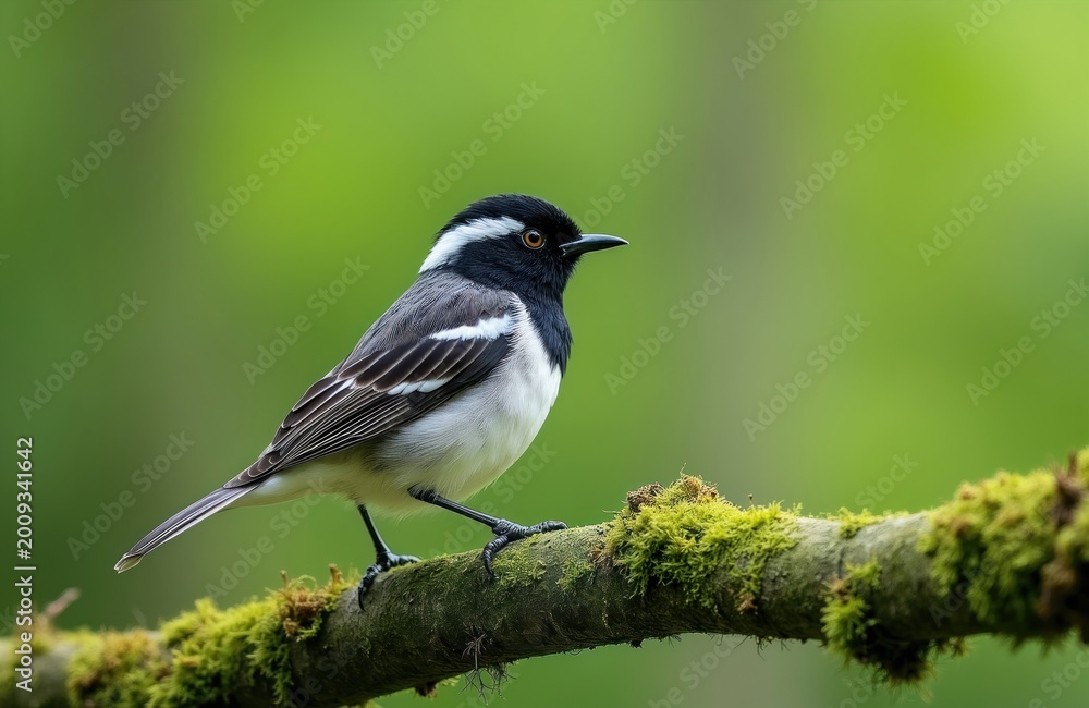 Fototapeta premium Small blackpoll warbler perches on moss covered branch. This songbird has white stripes on wings and black and white plumage. Bird watches attentively in green nature background.