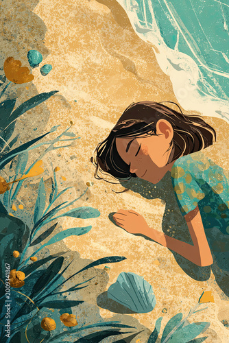 Flat graphic illustration of a girl sunbathing on a bright tropical beach at noon