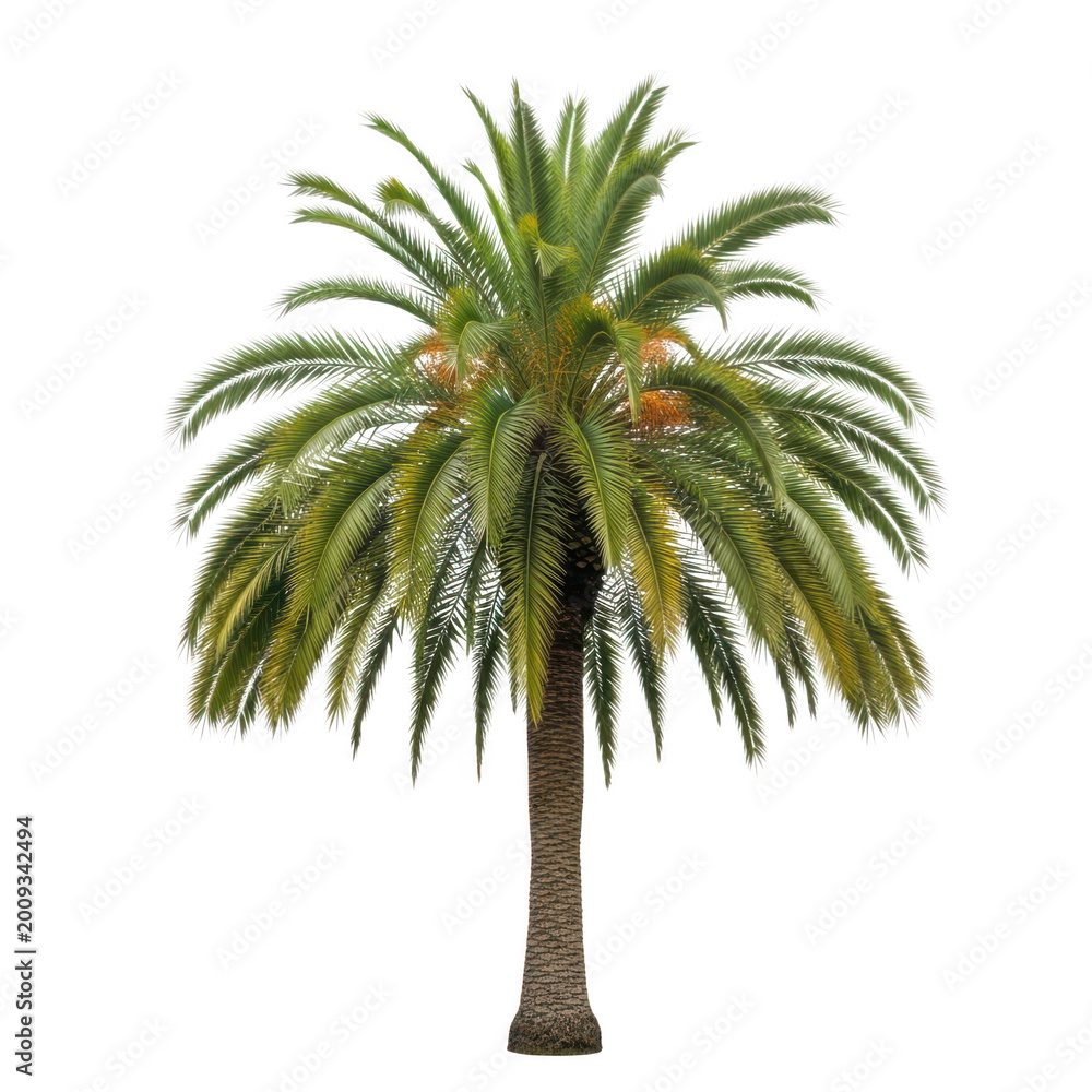 Obraz premium A tall palm tree with vibrant green leaves standing against a white background