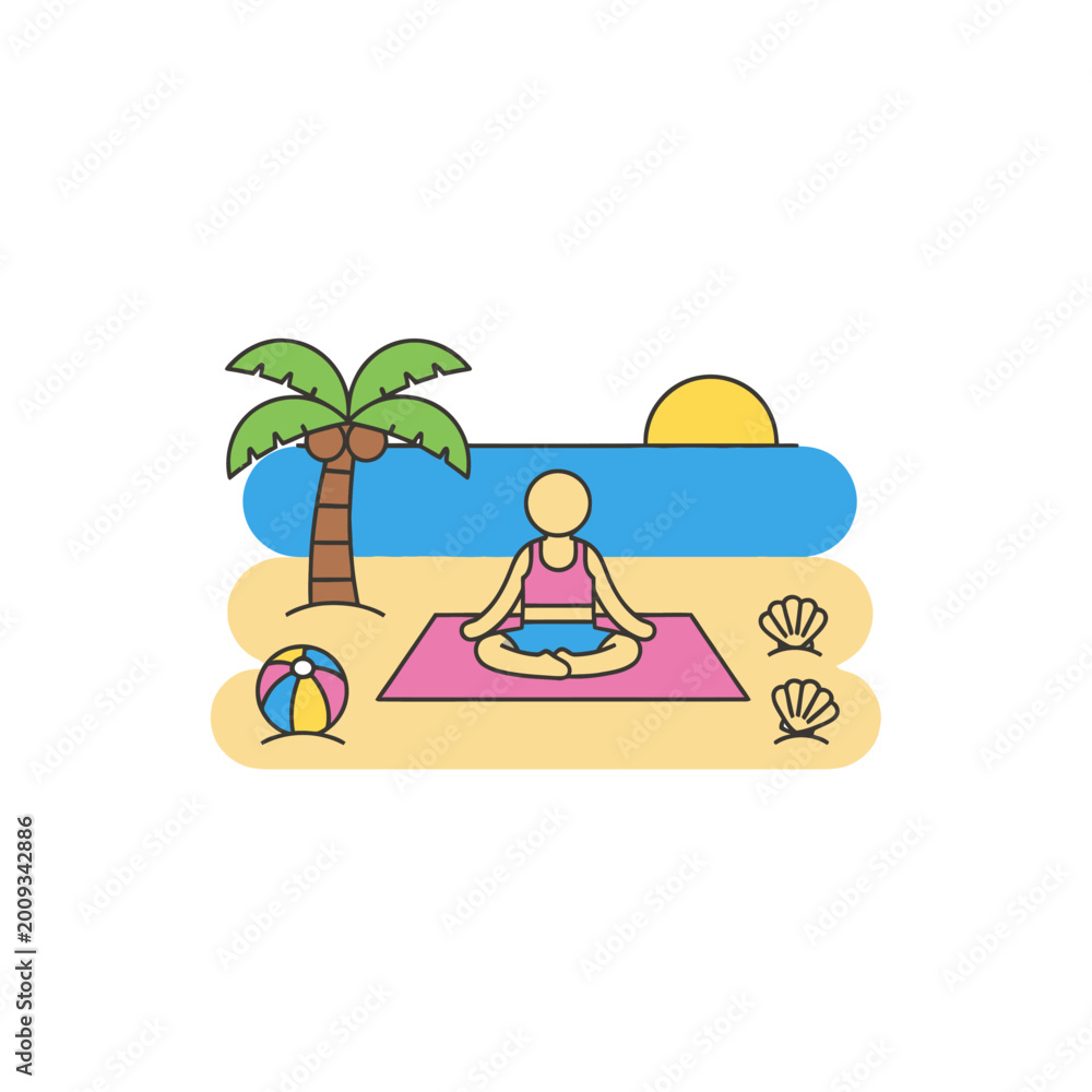 Fototapeta premium Woman meditating on yoga mat at beach with palm tree, beach ball and ocean sunset