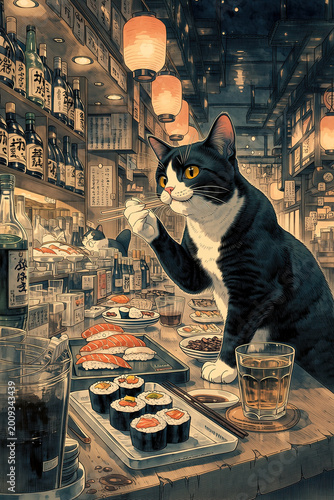 Illustrated tuxedo cat eating sushi with chopsticks at a glowing Japanese izakaya bar