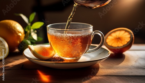 earl grey tea is being poured into a delicate cup surrounded by citrus slices and warm natural light