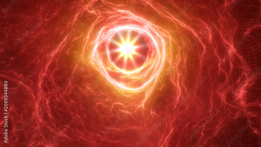 Fototapeta premium Red electric vortex portal with intense glowing center, abstract energy field in wireframe grid network, futuristic sci-fi background