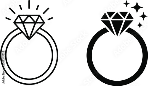 Elegant Diamond Ring Icon Set Minimal Black and White Jewelry Line Art Illustration
