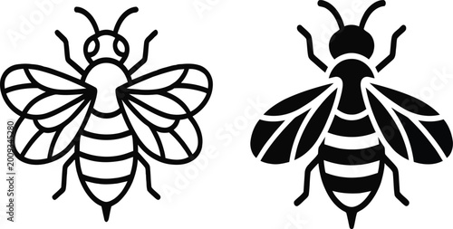 Minimal Bee Icon Set – Black and White Honey Bee Line Art Illustration for Logo and Design

