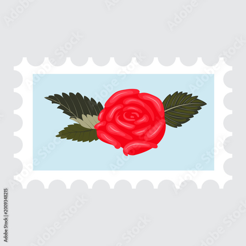 A postage stamp depicting a lush red rose with three leaves. Vector illustration isolated on a gray background.