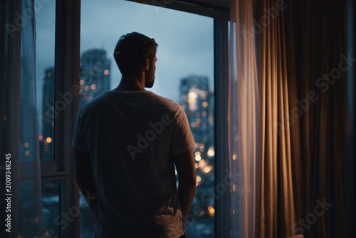 Lonely man looking out window in city apartment, mental health struggle, emotional isolation and anxiety
