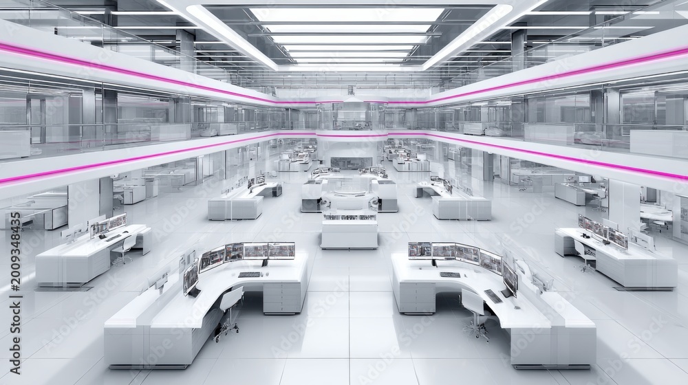Obraz premium Modern Office Interior with Sleek Desks and Futuristic Design Features for an Innovative Work Environment