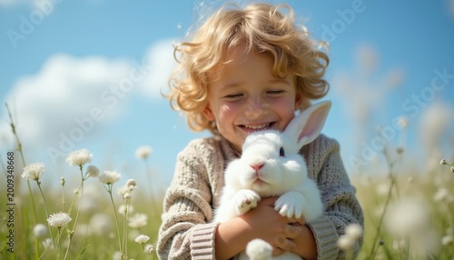 Blond boy smiles holding fluffy white rabbit in flower field under blue sky. Gentle connection, pure childhood joy and innocence with bunny pet in nature.